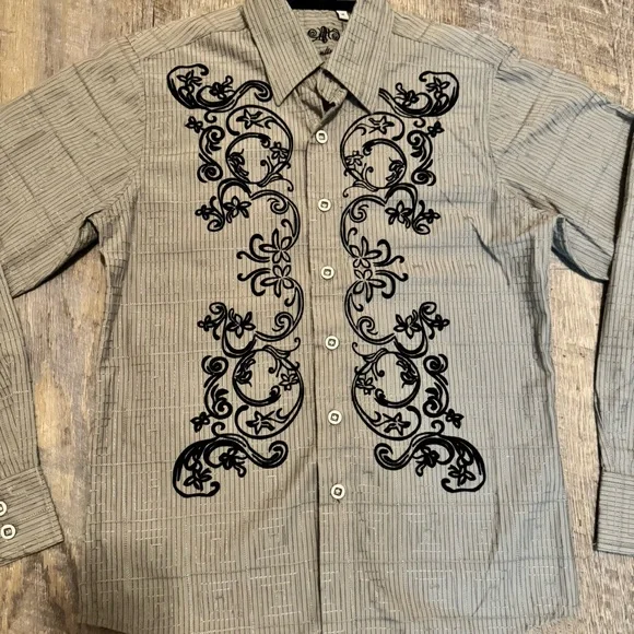191 Unlimited Boys Button Down Shirt Gray Black Embroidered Western Style Size M - Picture 7 of 13